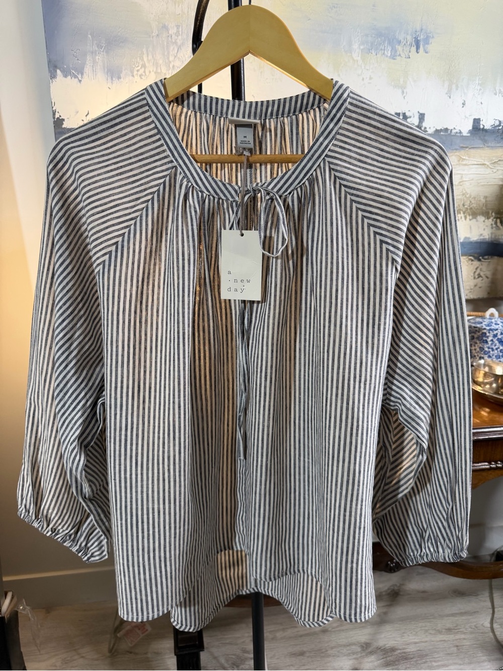 a new day Gray and White Striped Tie-Neck Peasant Tunic